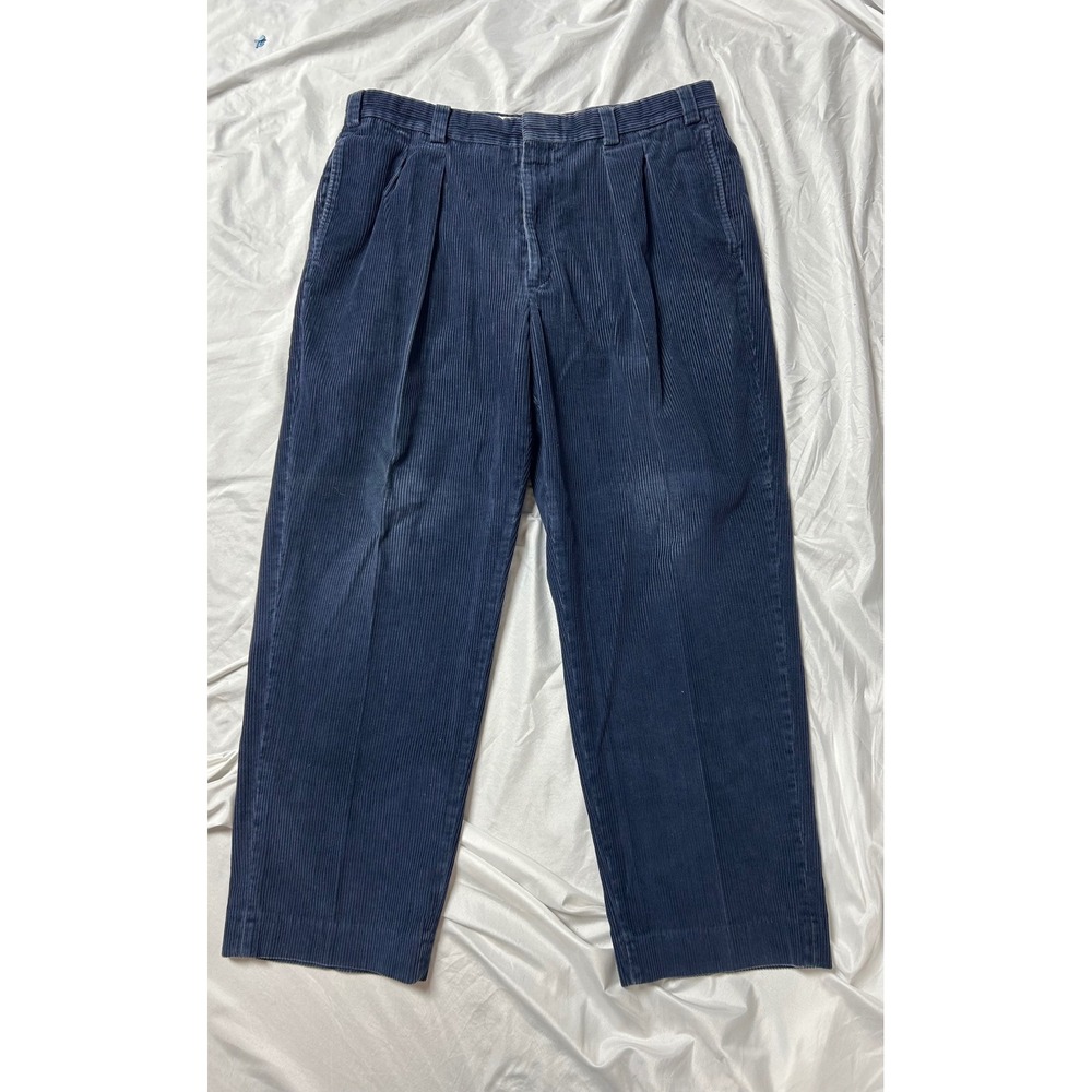 LL Bean Mens 90's Corduroy Pants Navy Blue Pleated Wide Wale 38x30 VTG Trousers